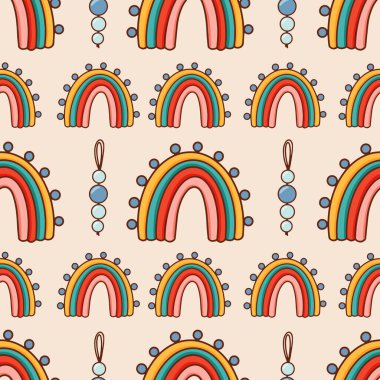 Bohemian, modern boho chic seamless pattern with hand drawn abstract rainbows in scandinavian style. Vector boho seamless repeating background, digital paper, fabric, wallpaper, stationery
