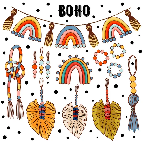 set of modern boho style. Vector hand drawn boho clipart for nursery decoration with cute rainbows. Perfect for baby shower, birthday, childrens party. Gender neutral Scandinavian nursery graphics