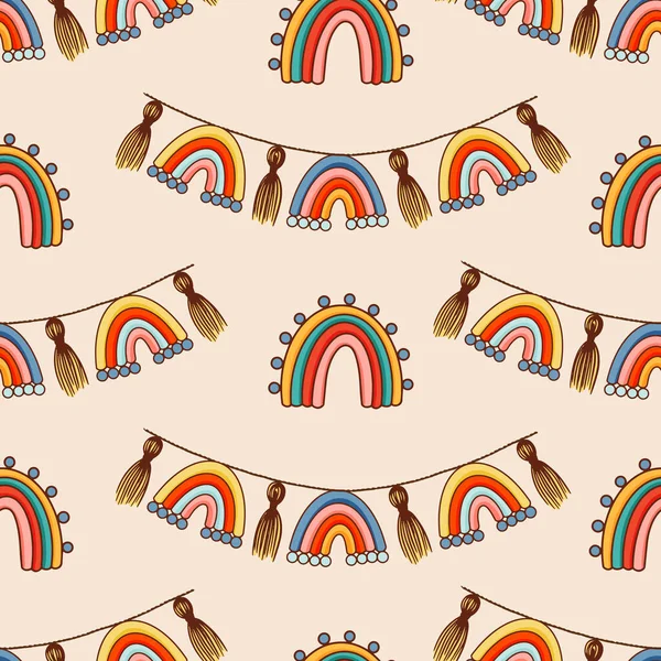 Bohemian, modern boho chic seamless pattern with hand drawn abstract rainbows in scandinavian style. Vector boho seamless repeating background, digital paper, fabric, wallpaper, stationery