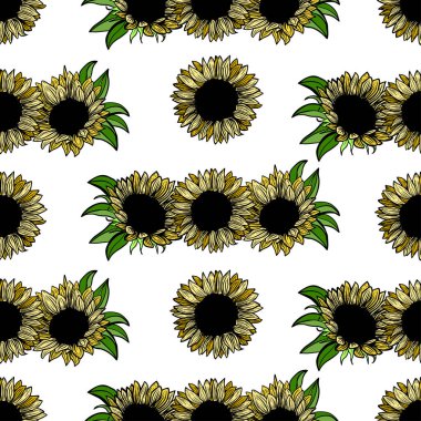 Seamless pattern sunflower flower line art. Black, white and yellow illustration of a sunflower. Hand-drawn decorative blooming sunflower element in vector