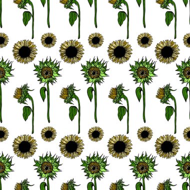 Seamless pattern sunflower flower line art. Black, white and yellow illustration of a sunflower. Hand-drawn decorative blooming sunflower element in vector