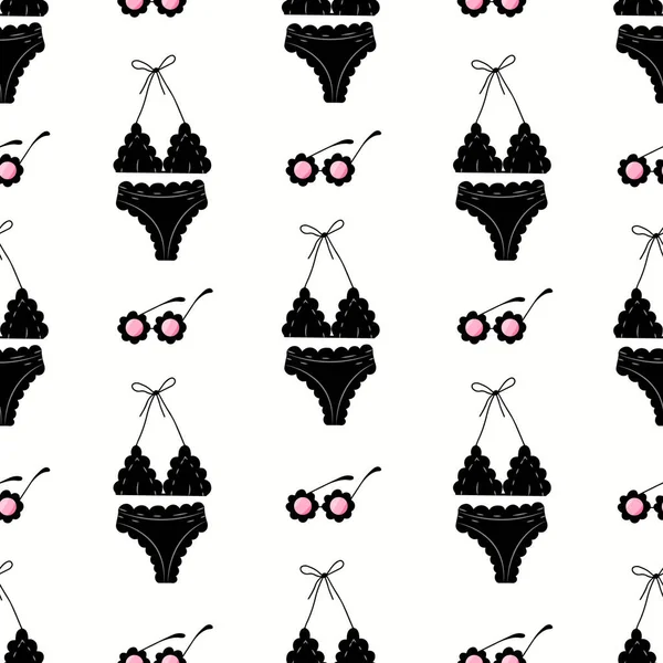 Vector Seamless Pattern Black Swimsuit Black Sunglasses White Background Summer — Stok Vektör