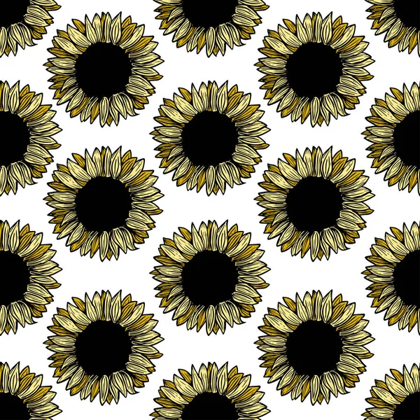 Seamless Pattern Sunflower Flower Line Art Black White Yellow Illustration — Stockvector