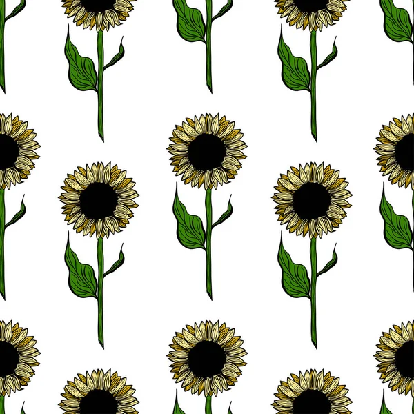 Seamless Pattern Sunflower Flower Line Art Black White Yellow Illustration — 스톡 벡터