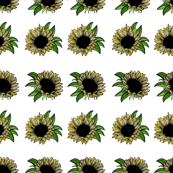 Seamless Pattern Sunflower Flower Line Art Black White Yellow Illustration — Stockvector