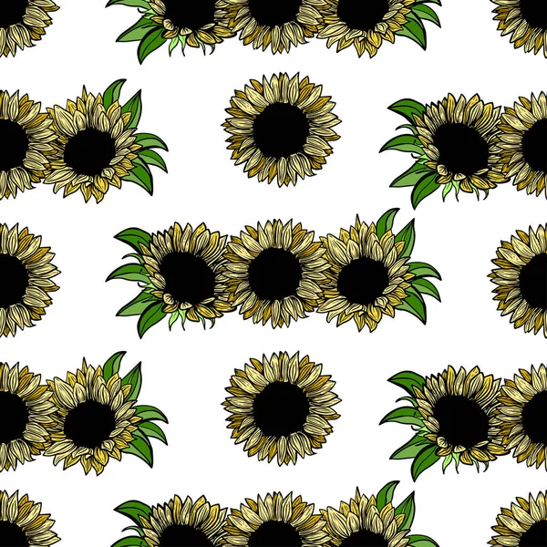 Seamless Pattern Sunflower Flower Line Art Black White Yellow Illustration — 스톡 벡터