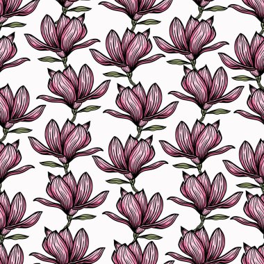 Pattern seamless with black magnolia outline. Spring flower hand drawn vector illustration. Black and white with line art on white backgrounds
