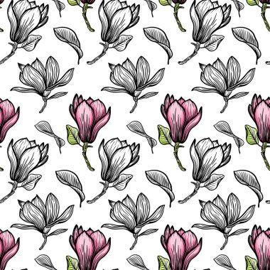 Pattern seamless with black magnolia outline. Spring flower hand drawn vector illustration. Black and white with line art on white backgrounds