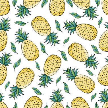 Beyaz arka planda tropik ananas ananasları dikişsiz desen. Tekstil baskısı, duvar kağıdı, moda tasarımı için vektör illüstrasyonu