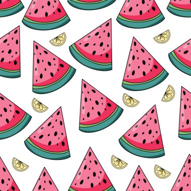 Summer watermelon and lemons seamless pattern on white background. Vector illustration for textile print, wallpaper, fashion design