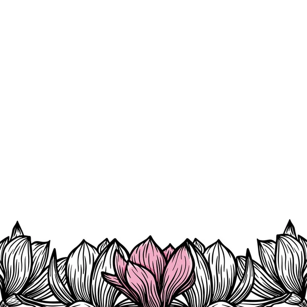 Border, frame of magnolia flowers, blooming flowers silhouette. Spring, floral design for cards, invitations, packaging