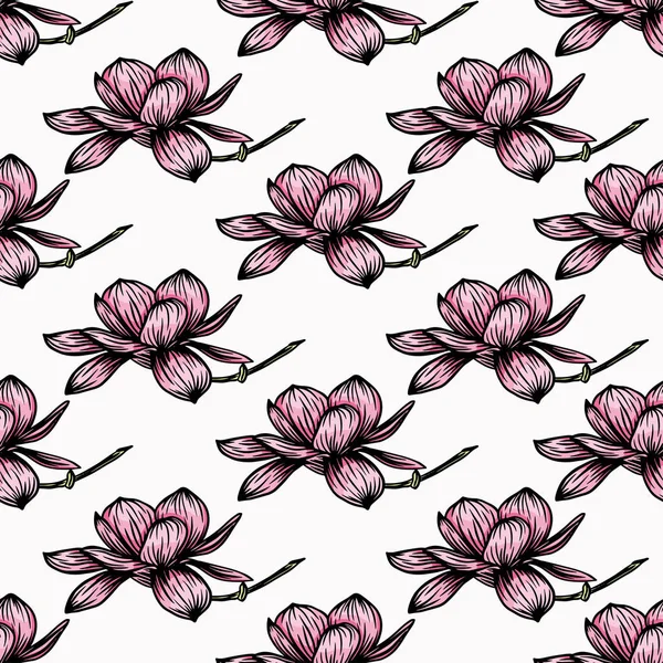 Pattern Seamless Black Magnolia Outline Spring Flower Hand Drawn Vector — Image vectorielle