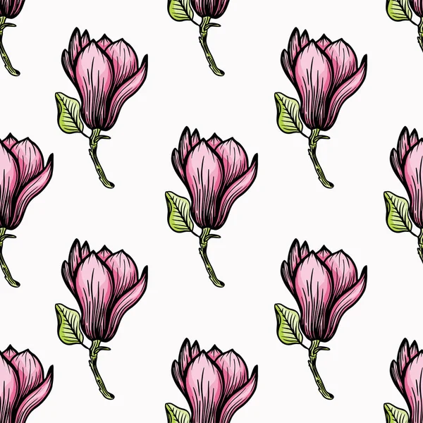 Pattern Seamless Black Magnolia Outline Spring Flower Hand Drawn Vector — Image vectorielle