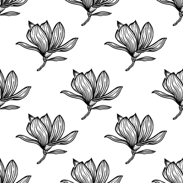 Pattern Seamless Black Magnolia Outline Spring Flower Hand Drawn Vector — Vector de stock