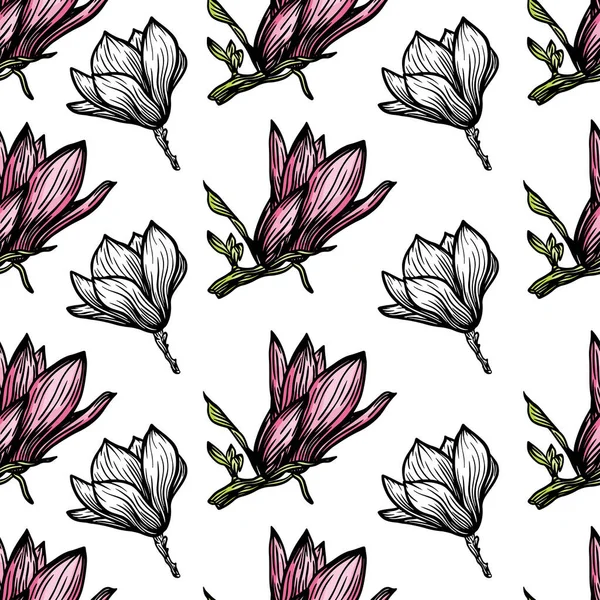 Pattern seamless with black magnolia outline. Spring flower hand drawn vector illustration. Black and white with line art on white backgrounds