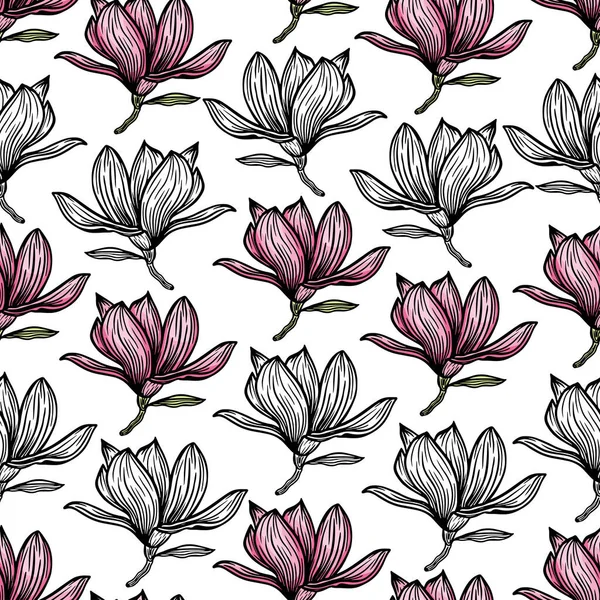 Pattern seamless with black magnolia outline. Spring flower hand drawn vector illustration. Black and white with line art on white backgrounds