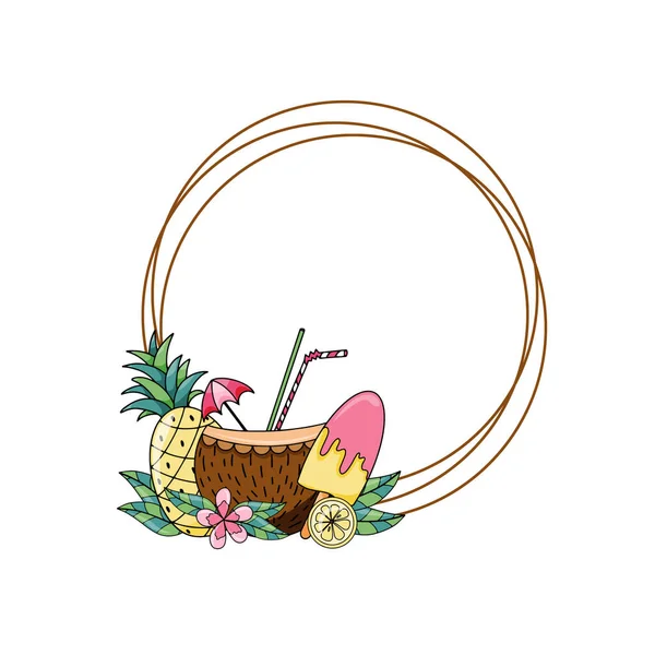 Summer round frame with exotic fruits, ice cream and coconut hand drawn vector illustration isolated on white backgraund