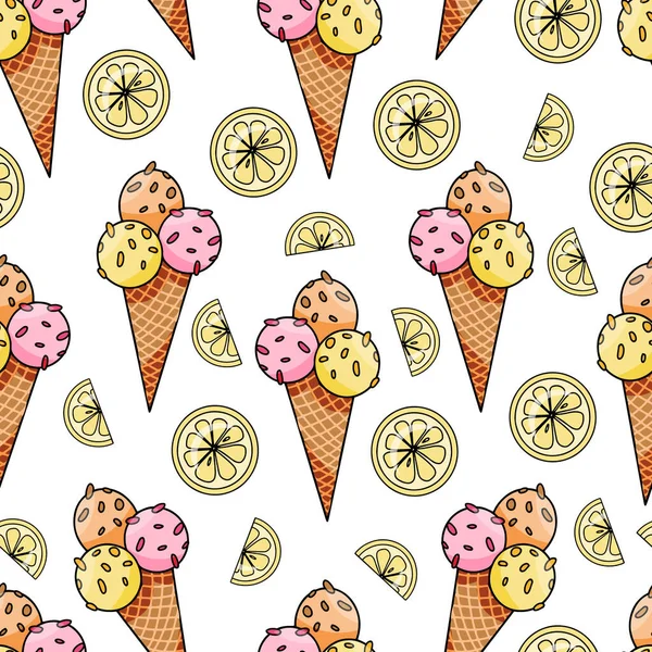 Vector Seamless Pattern Hand Drawn Ice Cream Lemon Slices Beautiful — Stockový vektor