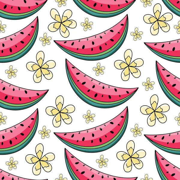 Summer Watermelon Yellow Flowers Seamless Pattern White Background Vector Illustration — 스톡 벡터