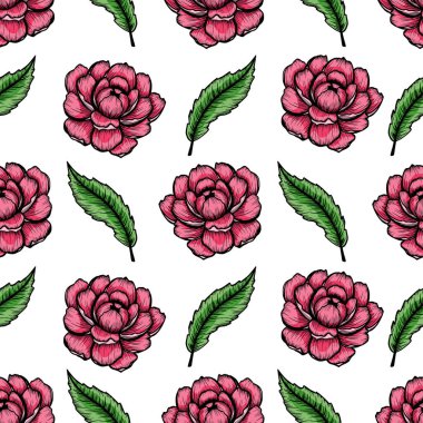 Natural seamless pattern with tender peony pink ink flowers hand drawn with contour lines. Realistic botanical vector illustration.
