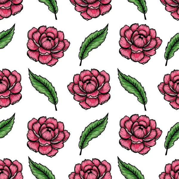 Natural Seamless Pattern Tender Peony Pink Ink Flowers Hand Drawn — Image vectorielle