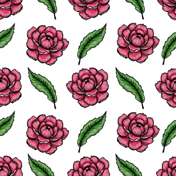 Natural seamless pattern with tender peony pink ink flowers hand drawn with contour lines. Realistic botanical vector illustration.