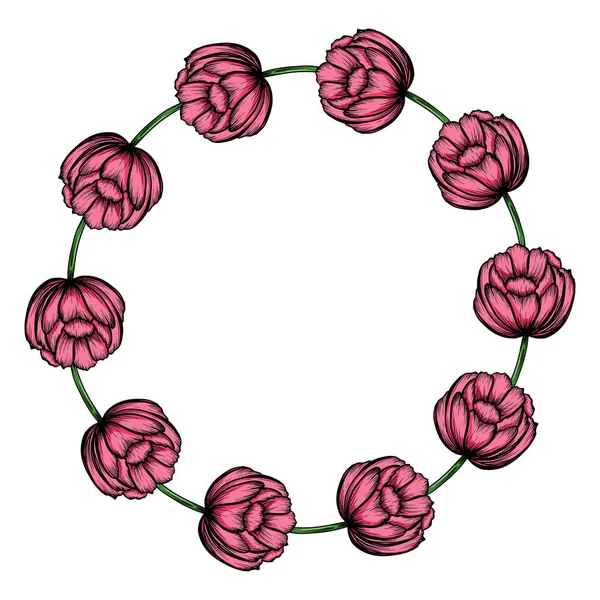 Pink peony flowers vector design round invitation frame. Summer rustic style. Vector Isolated