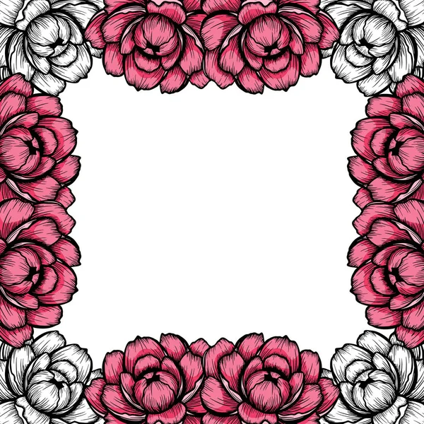 Floral Peony Frame isolated on the white background. Cute flat floral wreath perfect for wedding invitations and birthday cards