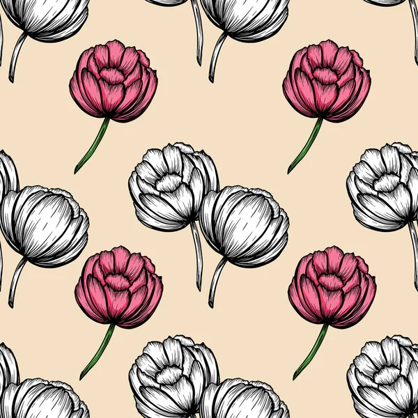 Natural Seamless Pattern Tender Peony Pink Ink Flowers Hand Drawn — Image vectorielle