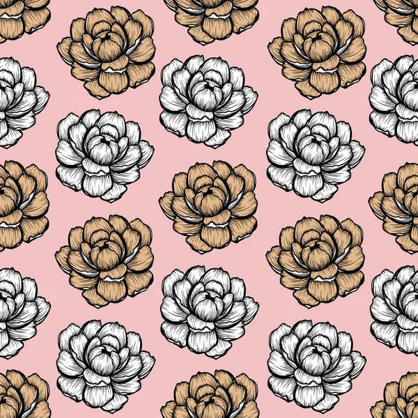Natural seamless pattern with tender peony pink ink flowers hand drawn with contour lines. Realistic botanical vector illustration.