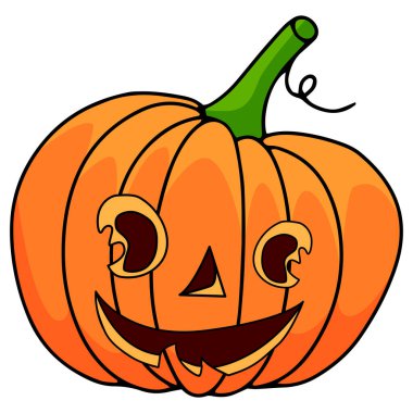 Beyaz arka planda balkabağı. Mutlu Cadılar Bayramı 'nın ana sembolü. Cadılar Bayramı için tasarladığın tasarım için gülümseyen turuncu balkabağı. Vektör illüstrasyonu