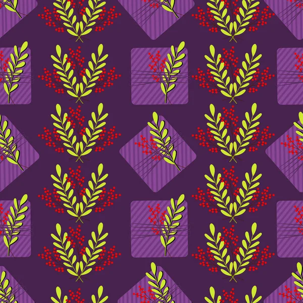 Patrón Sin Costuras Con Cajas Regalo Rayas Violetas Hojas Rojas — Archivo Imágenes Vectoriales