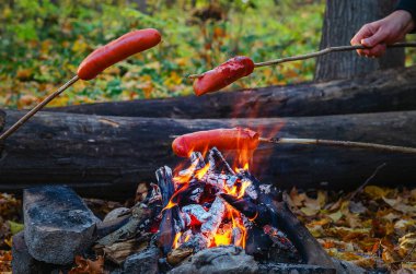 Yanan misafirler için ızgara sosis. Kamp ateşine asılmış sosisler. Ormanda kamp gezilerinde hızlı bir akşam yemeği. Açık ateşte kızarmış sosis. Macera konsepti.