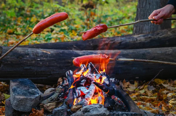 Yanan misafirler için ızgara sosis. Kamp ateşine asılmış sosisler. Ormanda kamp gezilerinde hızlı bir akşam yemeği. Açık ateşte kızarmış sosis. Macera konsepti.