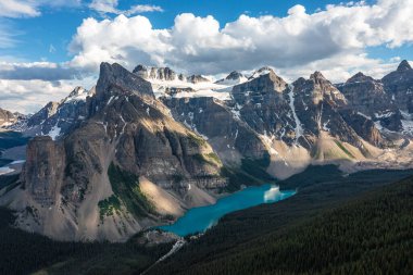 Moraine Gölü, Kanada. İHA görüntüsü. Moraine Gölü 'nün turkuaz suları ve Kanada Banff Ulusal Parkı' nda karlı tepeler. Kanada turistik merkezleri.