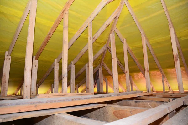 View Unfinished Attic House Close Wooden Ceiling Joists Roof Beams — Stock Photo, Image