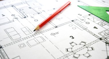 Evin yakın plan planı, kat planı, oturma odası olan ev tasarımı. Bir ev planı çizmek, bir kalem ve cetvel kullanarak tasarım projesi. 