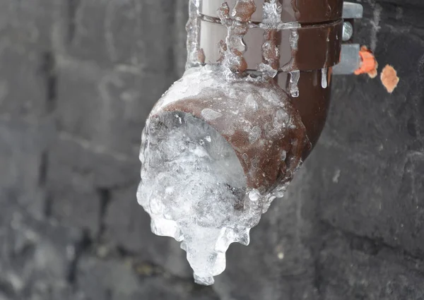 A frozen rain gutter downpipe. Ice inside the downspout, downpipe of a roof gutter near the house foundation causing damage to the gutters and roofing construction.