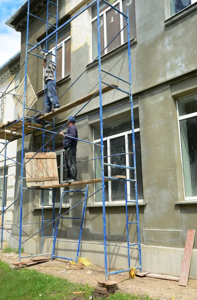 Kyiv Ucrania Abril 2021 Renovando Pared Exterior Fachada Casa Los — Foto de Stock