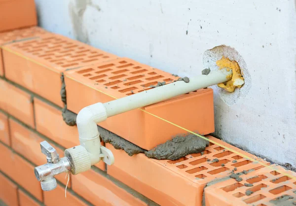 Close Laying Face Clay Bricks Concrete Block Wall Water Spigot — Stock Photo, Image