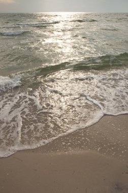 Sahilde günbatımı güneş ışığı güzel deniz dalgaları.