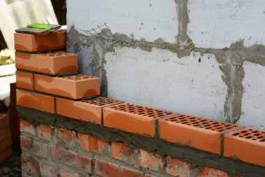 Seramik tuğlalara bakan havalandırma betonundan yapılmış bir evin duvarlarını kaplamak.