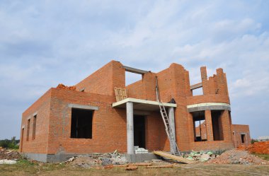 New  Building  Brick House Construction with Doorway Columns and