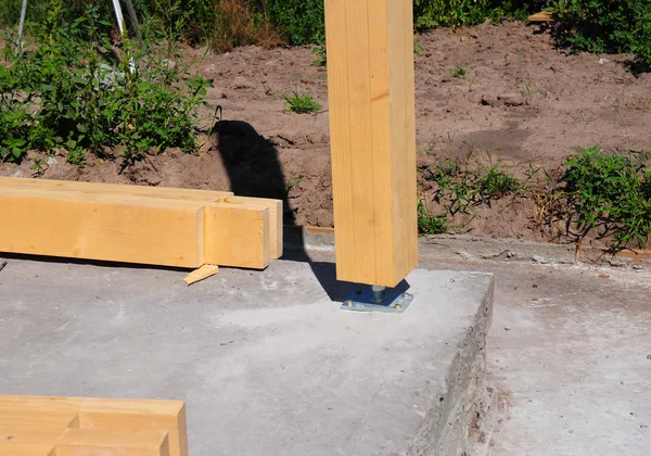 Holzpfeiler Auf Der Baustelle Beton Mit Schraube Holzsäulen Sind Strukturen — Stockfoto