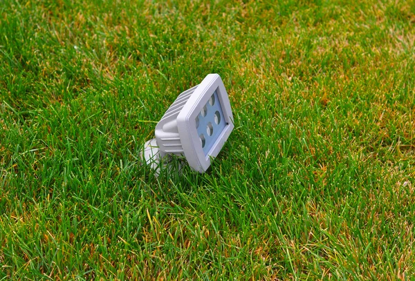 Small Garden Light, Lanterns In Lawn. Garden Design. Solar Powered Lamp — Stock Photo, Image