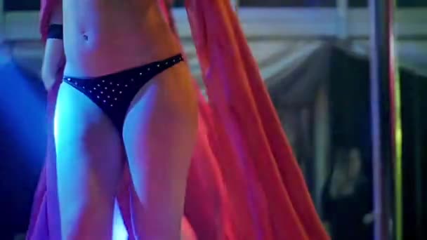 Sexy body of whirling go go girl in bikini, red tippet in nightclub. Slow motion — Stock videók