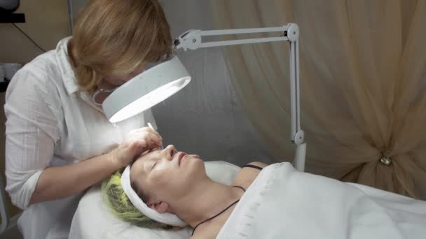 Cosmetologist olha na lupa, sobrancelha correta de mulher adulta no salão de beleza — Vídeo de Stock