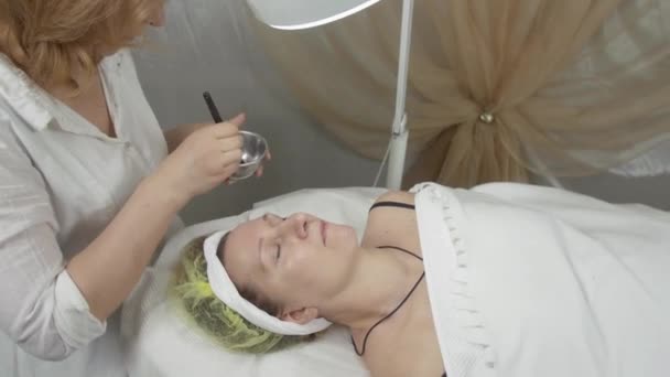 Косметолог наносить воду на дорослу жінку, стикаючись з пензлем у салоні краси. Очищення — стокове відео