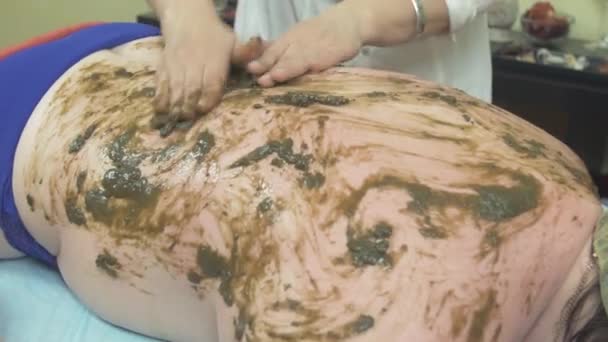 Cosmetologist kneads seaweed mixture on thick woman back in beauty saloon. — Stock Video