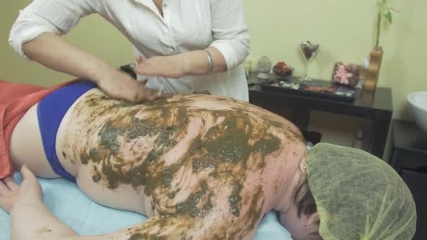 Schoonheidsspecialist kneedt zeewier mengsel op dikke vrouw rug, handen in de beauty salon — Stockvideo